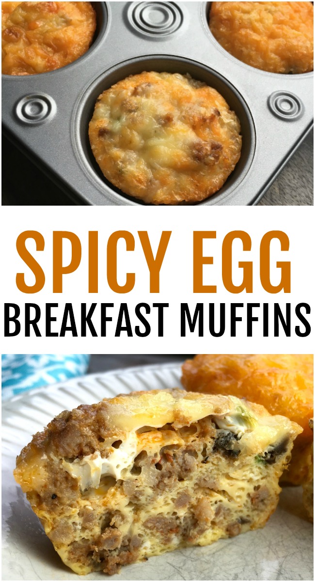 A photo of spicy egg muffins in a muffin tin on top with a photo of the same muffins styled on a plate and cut in half on the bottom. The wording Spicy Egg Breakfast Muffins in bold text in the center.