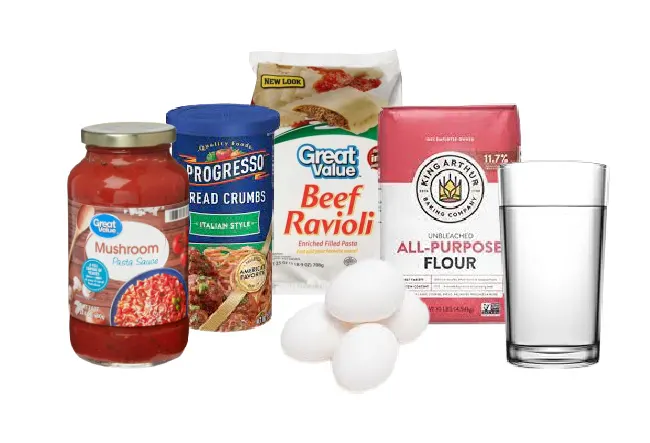 Collage of the ingredients in baked ravioli appetizers