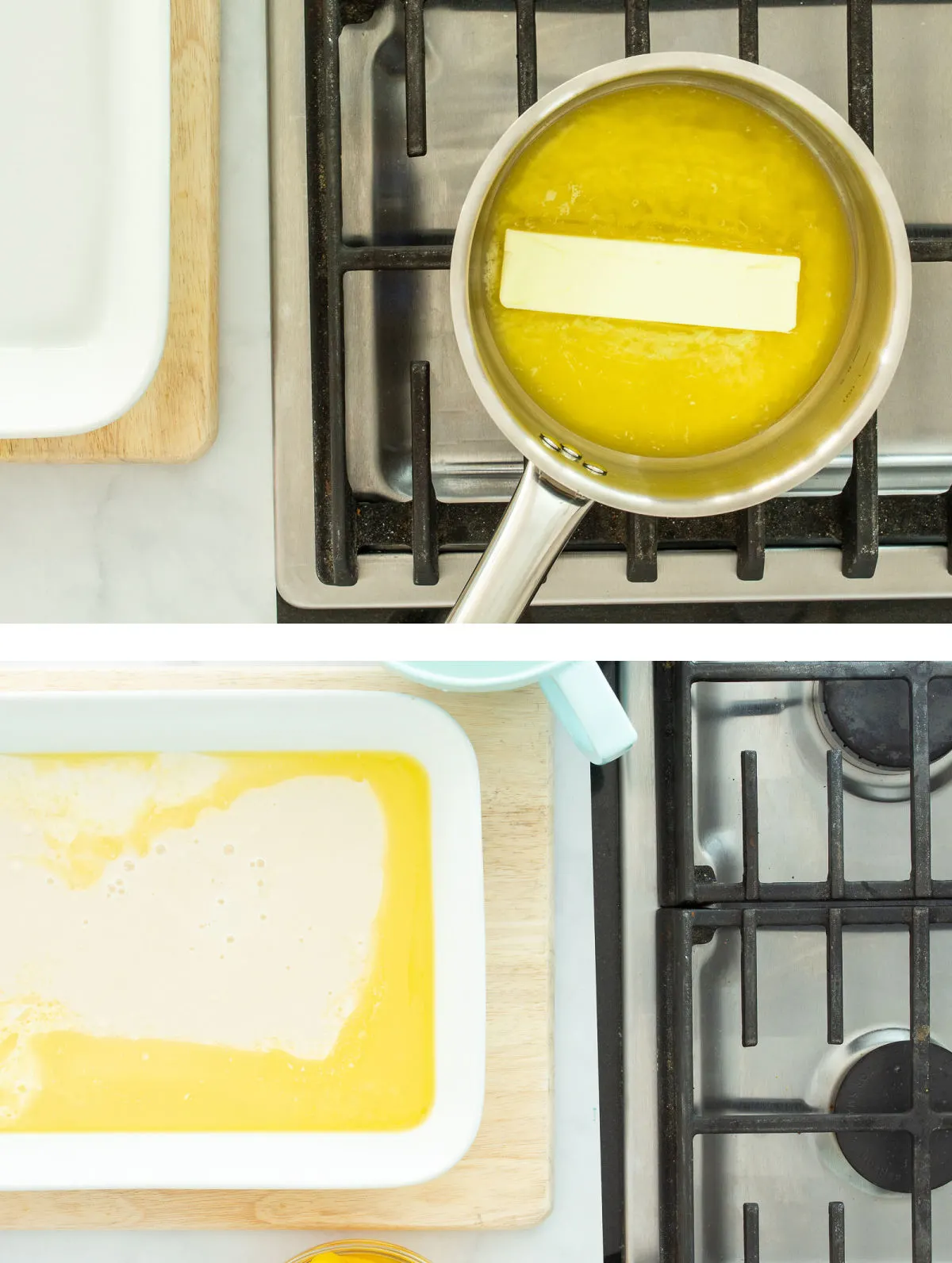 Collage of the fist two steps to create peach cobbler, melting the butter and the butter poured into a baking dish.