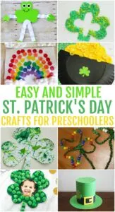 Photo collage of different types of St. Patrick's Day green and gold art projects that are simple for young children. These include shamrocks and leprechauns.