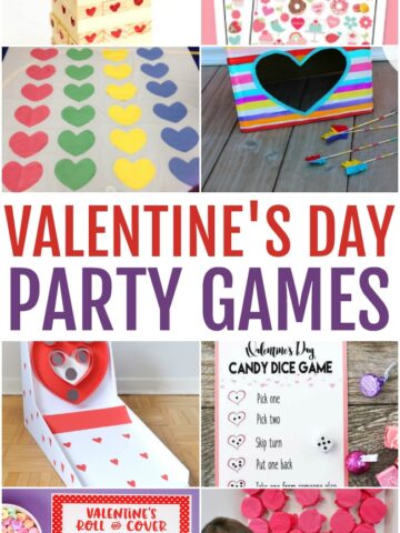 Photo of various Valentine's Day Party Games, including a take on twister with hearts, a heart skeeball diy, and free printables.