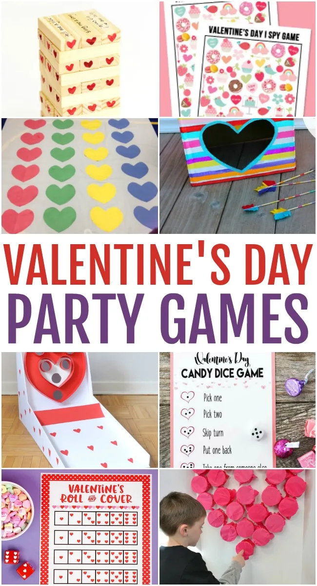 Photo of various Valentine's Day Party Games, including a take on twister with hearts, a heart skeeball diy, and free printables.
