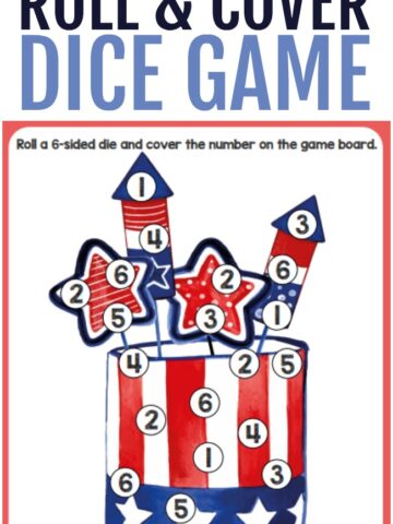 This photo features a 4th of July roll and cover dice game printable (a Americana hat with fireworks sticking out of the top).