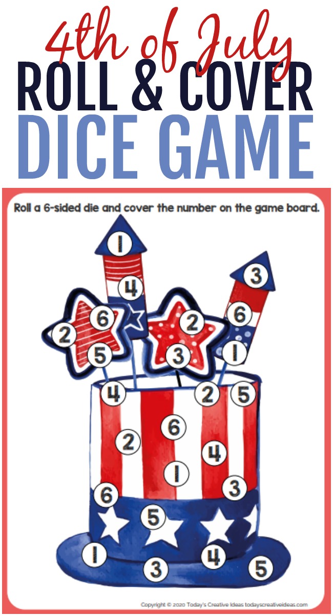 This photo features a 4th of July roll and cover dice game printable (a Americana hat with fireworks sticking out of the top).