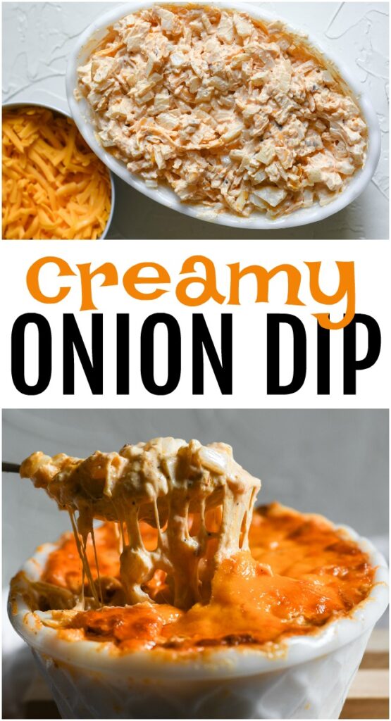 This photo features two images, the top of the creamy onion dip as it appears right before it goes into the oven and the bottom as it comes out of the oven.