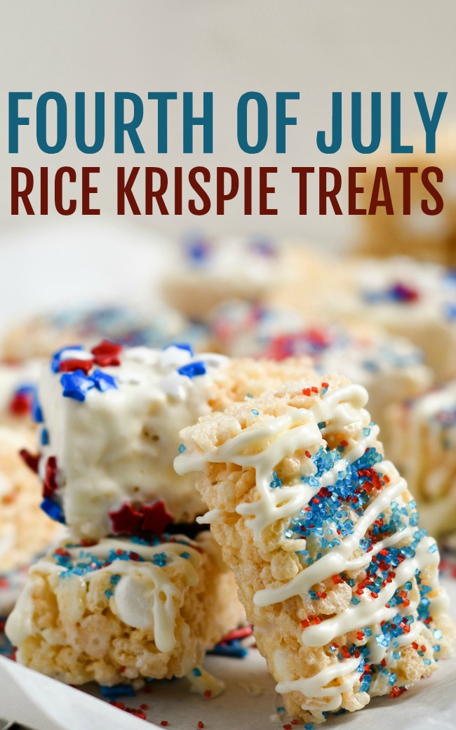red, white, and blue 4th of July rice krispie treats laid out on a plate.
