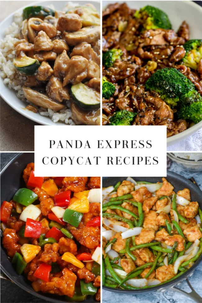 This photo features a collage of delicious looking Chinese meals with the header reading Panda Express Copycat Recipes.