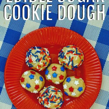 This photo features a plate full of edible sugar cookie dough sitting on top of a blue and white gingham tablecloth.