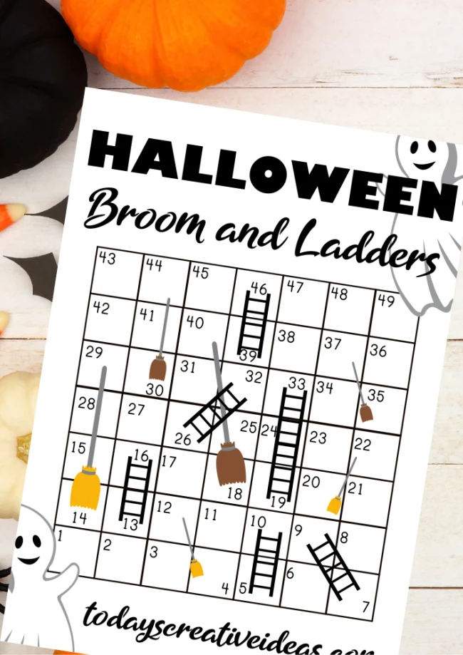 This photo features a image of the printable Halloween game for Kids. It is called Brooms and Ladders.