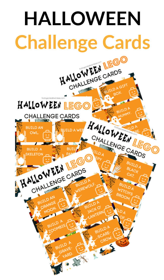 This photo features a collage of the Halloween LEGO Challenge cards that are presented in this post.