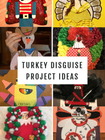 This photo features a collage of Turkey Disguise Project Ideas from a crayon box to a clown, and even elf on the shelf.
