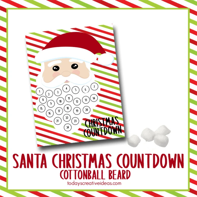 This photo features a white background with a copy of the Cotton ball Santa Beard Christmas Countdown printable on it.