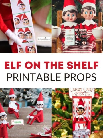 This photo features a collage of different Elf on the Shelf Printable Props. It also includes that label in the center.