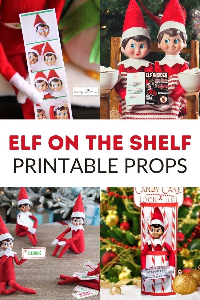 This photo features a collage of different Elf on the Shelf Printable Props. It also includes that label in the center.