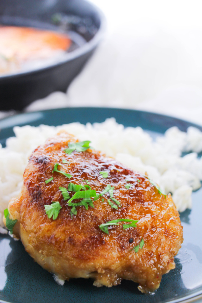 This photo features a blue plate of white sticky rice and honey garlic chicken thighs.