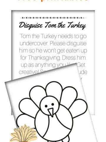 This photo features a layout of the Tom the Turkey Free Printables, including the instructions printable and the turkey template.