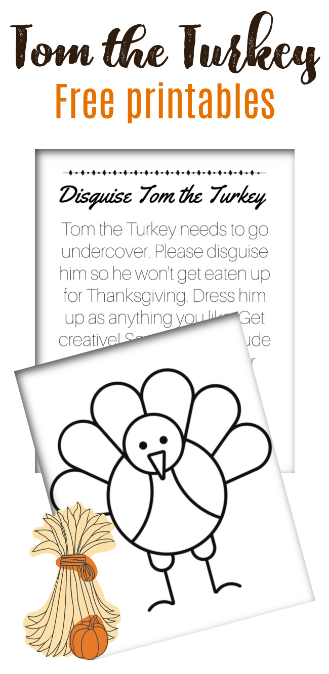 This photo features a layout of the Tom the Turkey Free Printables, including the instructions printable and the turkey template.