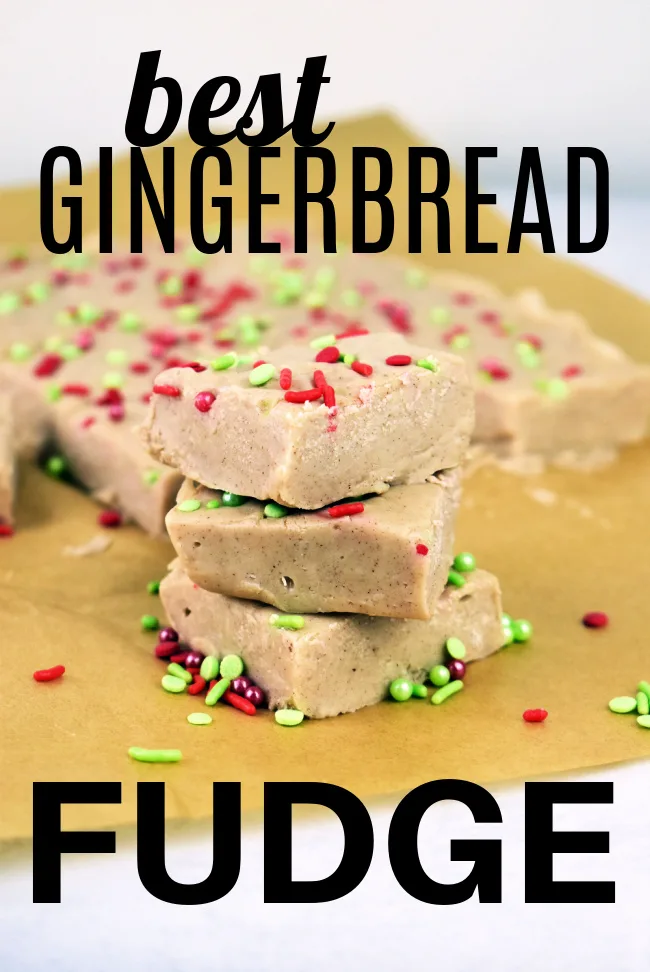 This photo features the gingerbread fudge cut up in individual pieces on a piece of brown parchment paper.