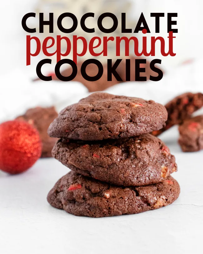 This photo features a stack of chocolate peppermint cookies with the same label at the top. In the background you can see additional cookies and a few red Christmas balls for props.