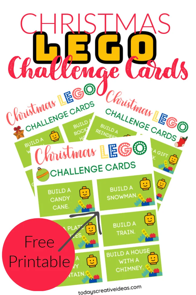 This photo features a collage of Christmas LEGO Challenge card printables.