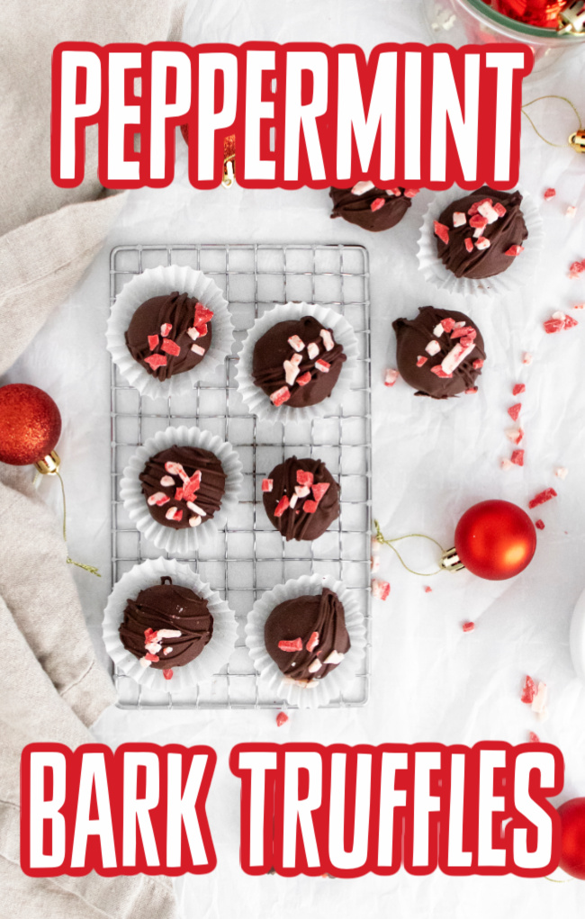 This photo features a rack of Peppermint Bark Truffles with a few Christmas balls spread out for photo props.