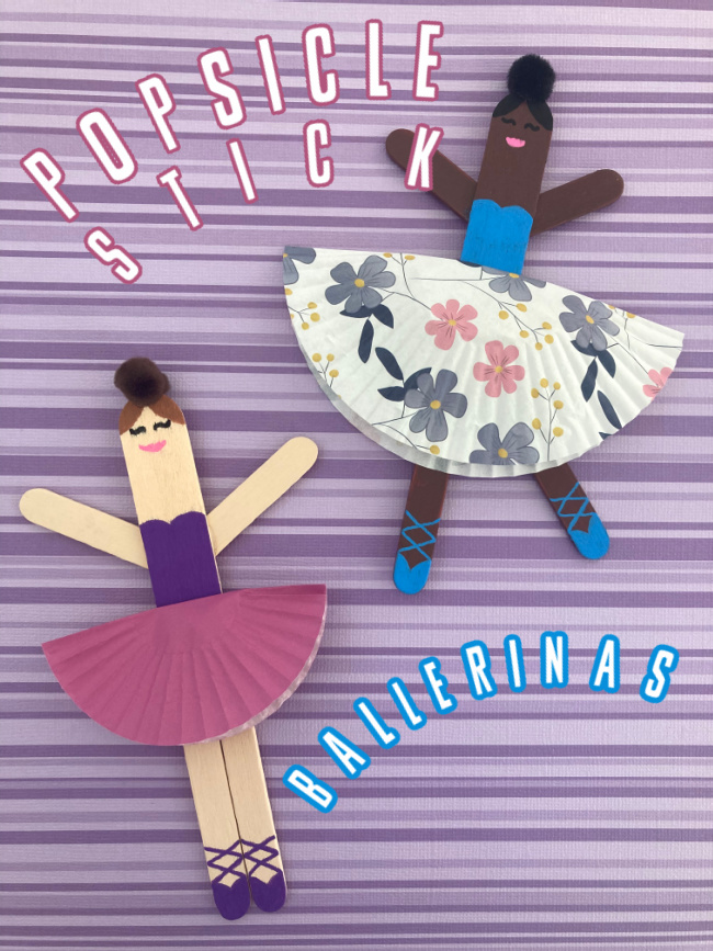 This photo features a purple striped background with the popsicle stick ballerina girls displayed on top.