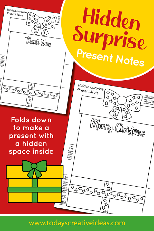 This photo features a collage of how the present folding surprise printables look with a red background.