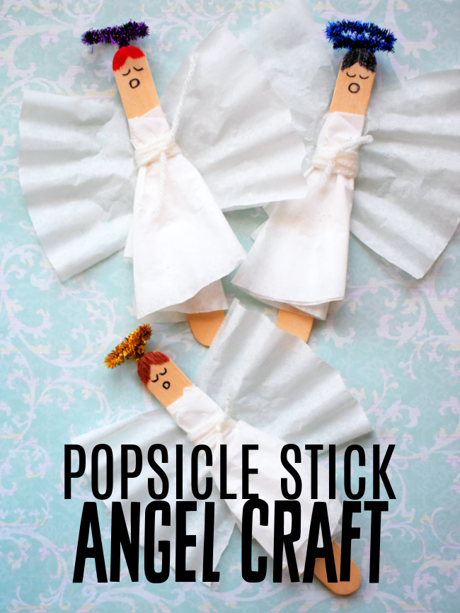 This photo features various popsicle stick angel crafts created using the tutorial in this post.