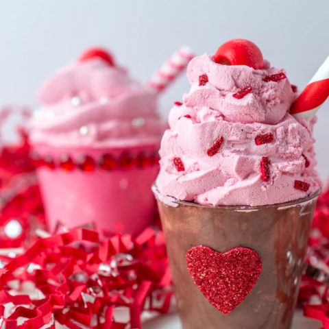 This photo features to made faux milkshakes for Valentine's Day.