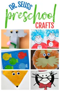 A collage of various different Dr. Seuss Crafts for Preschool