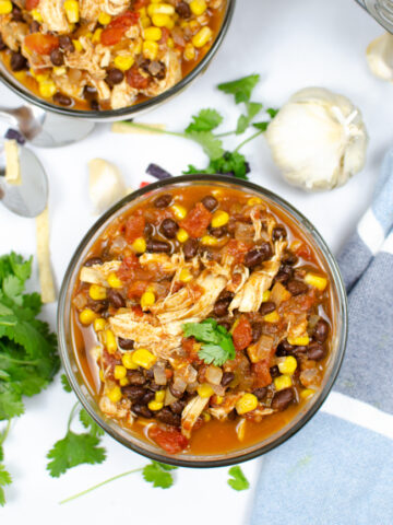 This photo features a bowl of the taco soup recipe.