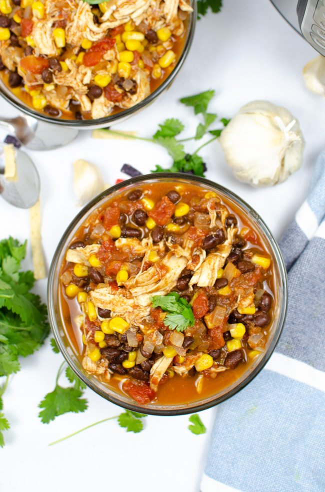 This photo features a bowl of the taco soup recipe.