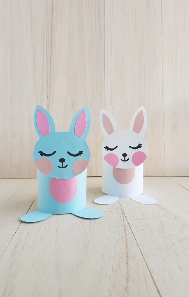 Two created samples of toilet paper roll bunny crafts