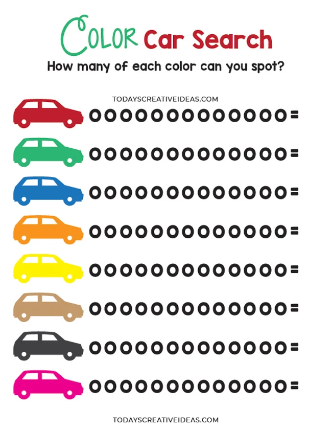 Car Color Search Road Trip Printable Game for Kids - Productive Pete