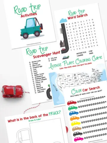 Collage of the different road trip activities in this printable pack.