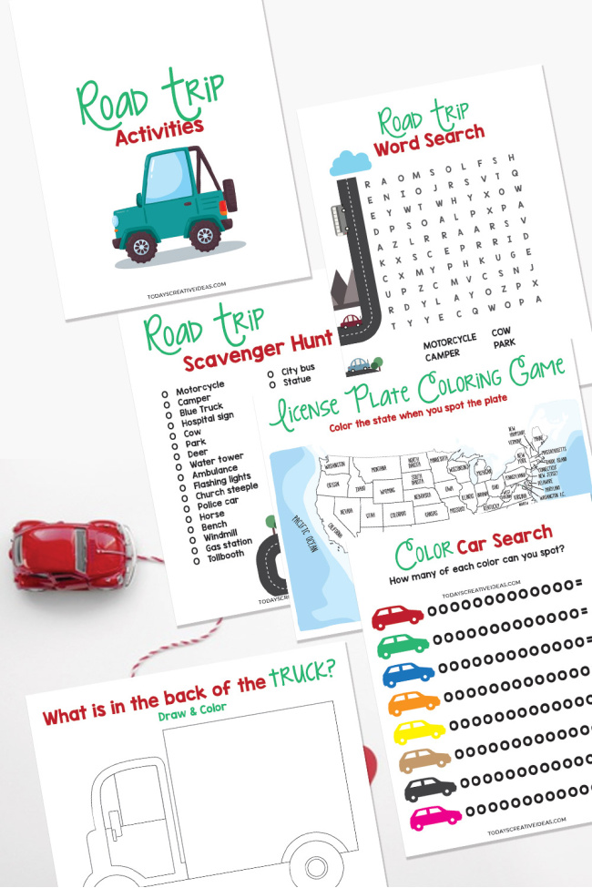 Collage of the different road trip activities in this printable pack.
