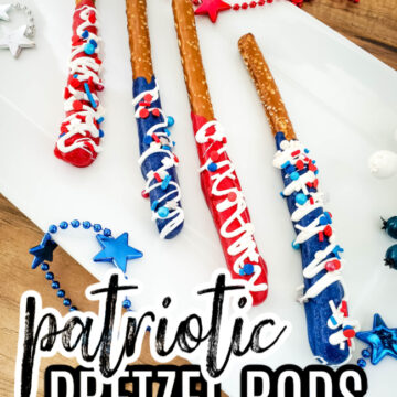 Red, White, and Blue Patriotic Pretzel Rods on white parchment paper