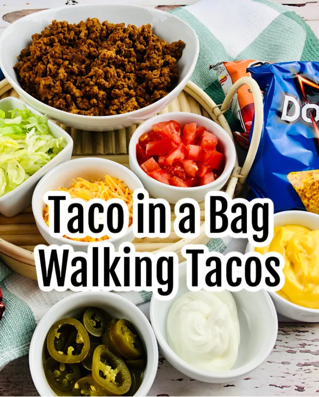 Various ingredients placed in bowls for Taco in a Bag