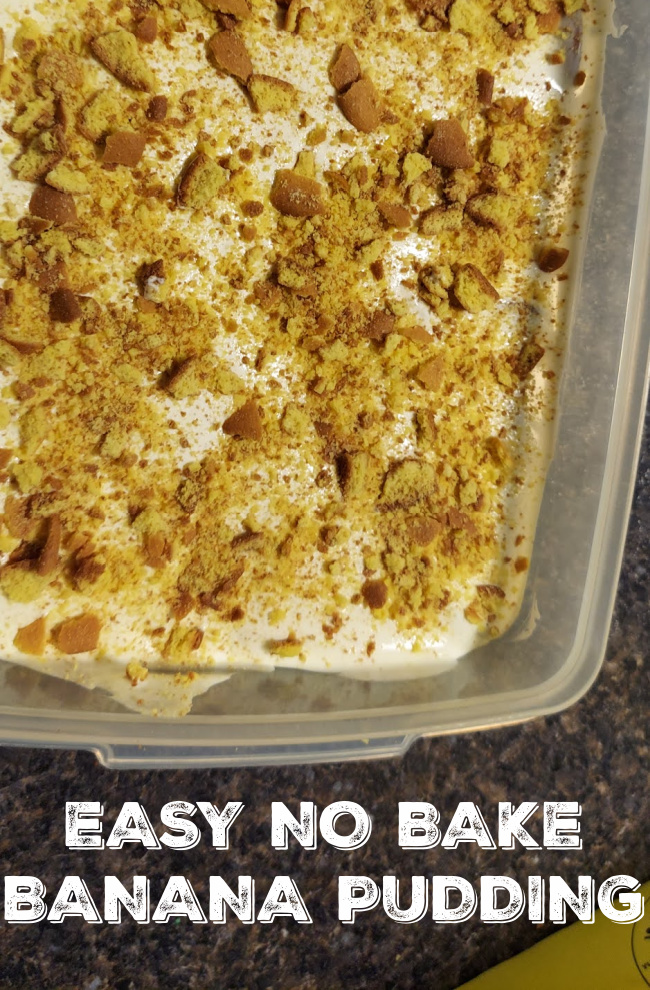 No Bake Banana Pudding in a plastic storage container