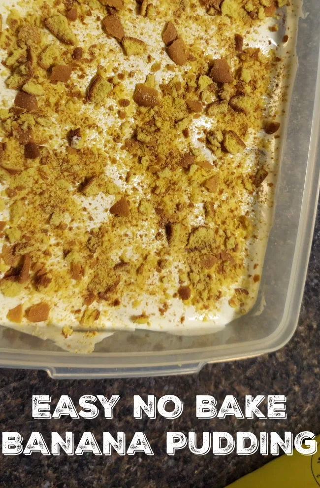 No-Bake Banana Pudding in a plastic storage container