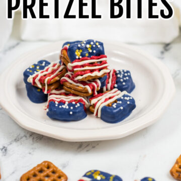 Red, White, and Blue Pretzel Bites on a white plate.