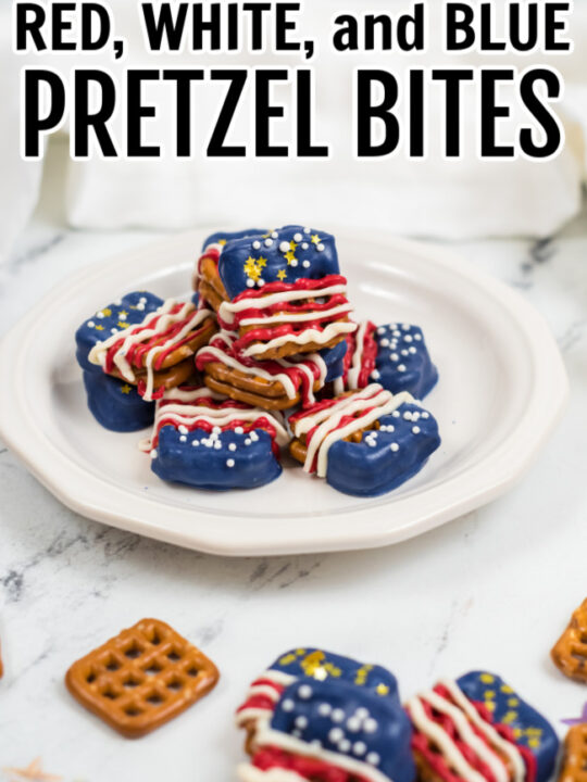 Red, White, and Blue Pretzel Bites on a white plate.