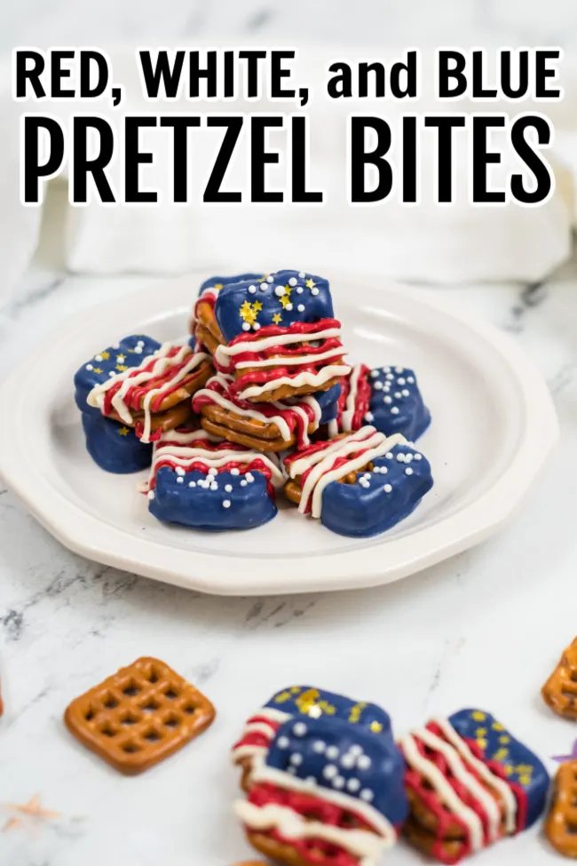 Red, White, and Blue Pretzel Bites on a white plate.