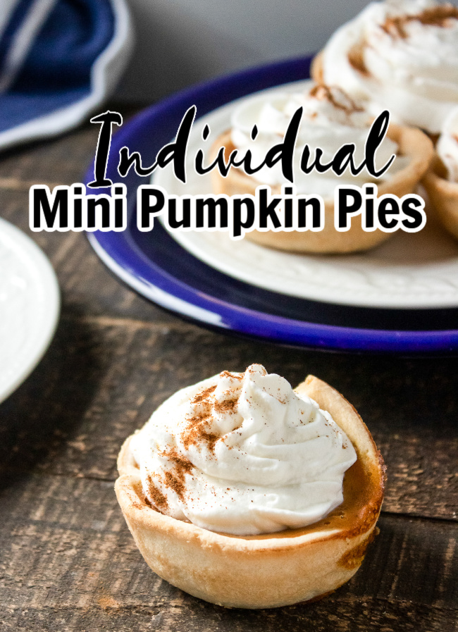 Individual Mini Pumpkin Pies topped with whipped cream and pumpkin pie spice