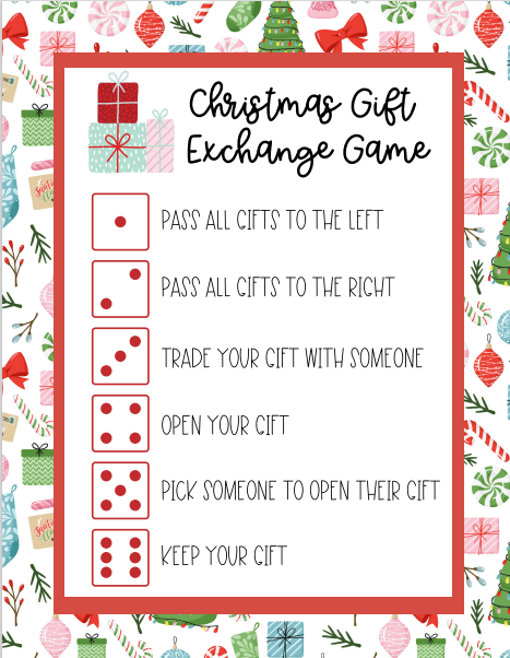 Christmas Dice Game Gift Exchange Rules Printable