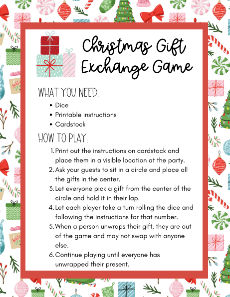 Roll the Dice Holiday Gift Exchange Game Christmas Printable 