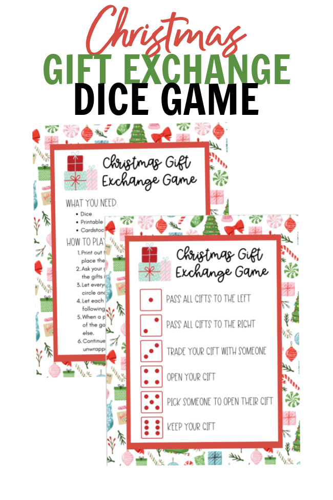 Printable tutorial on a white background of the Gift Exchange Dice Game