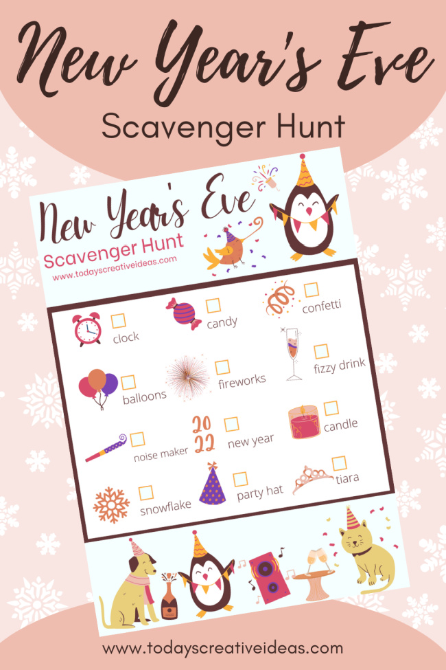 a copy of the New Year's Eve Scavenger Hunt Printable on a pink background