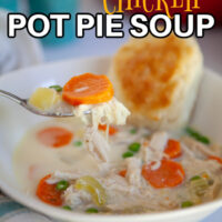 A white bowl with Chicken Pot Pie Soup inside with a biscuit on the side of the bowl.