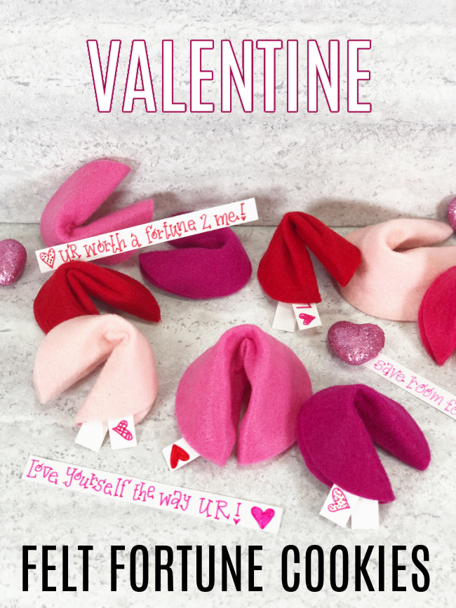 Red and Pink Valentine Felt Fortune Cookies on a white wooden background